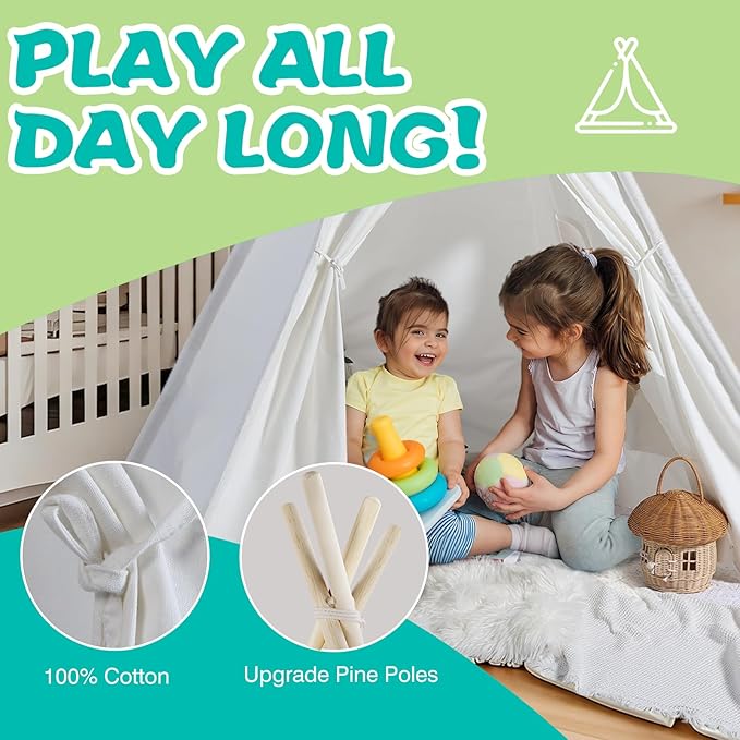 Sumbababy Large Teepee Tent for Adults Indoor - Cotton Canvas Kids Tents for Toddlers - Foldable Play Tent Gift Toy for Girls Boys, Picnic Wedding Tent - Boho Playroom Decoration for Party Festivals