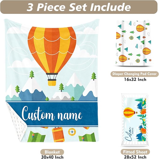 Personalized Baby Crib Bedding Set, Custom Name Hot Air Balloon Pattern Nursery Bedding Set 3 Pcs, Baby Blanket Fitted Crib Sheet Changing Pad Cover, Personalized Nursery Decor Gift for Newborns Boys