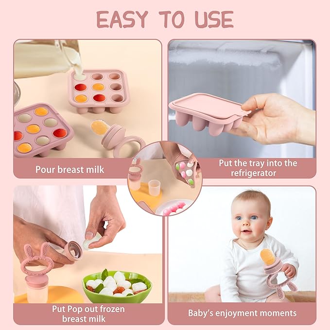 WAJIAYON Baby Food Freezer Tray Silicone Nibble Freezer Tray,Baby Fruit Food Feeder Teether,Breastmilk Popsicle Mold,Babies Breast Milk Teether Pop Maker Maker for Homemade Infant Meals-Pink