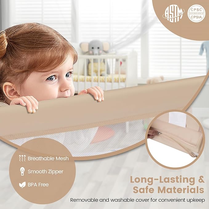 HONEY JOY Bed Rail for Toddlers, 71-in Extra Long, Portable Safety Bed Guardrail w/Double Safety Child Lock, Foldable Baby Bed Rail Guard, Fit King & Queen Full Twin Size Bed Mattress(Beige, Pack 1)
