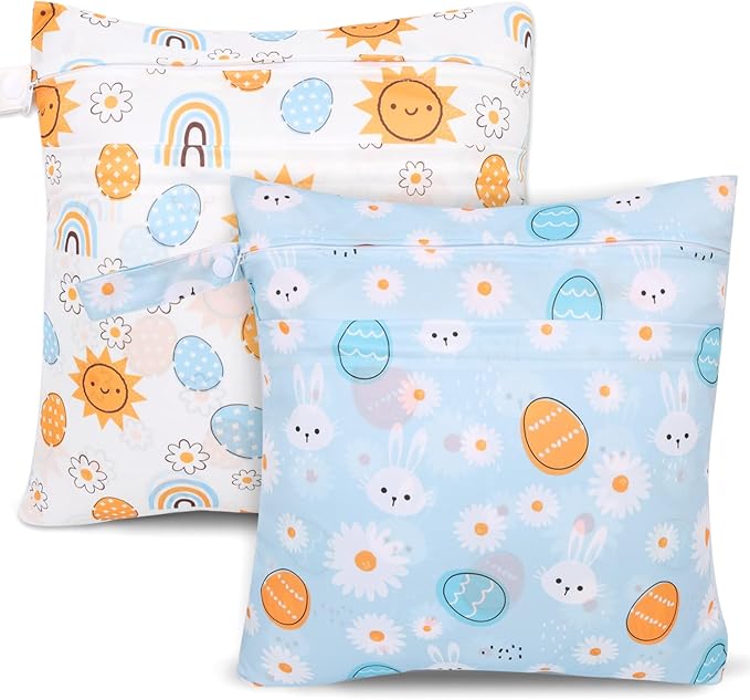 2pcs Cloth Diaper Wet Dry Bags, Waterproof Reusable Wet Bag with 2 Zipper Pockets & Handle, Washable Laundry Bags for Baby Adult Clothes Travel Beach Pool Daycare Yoga Gym Exercise Swimsuits,