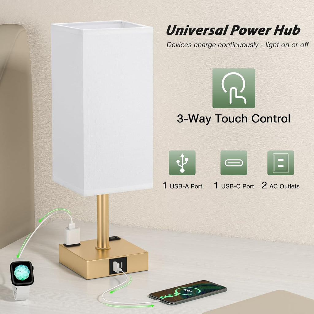Gold Base Touch Lamps Set of 2 - Nightstand Lamp with USB-C + A Charge Ports & AC Outlets, 3-Way Dimmable Bedside Lamp, Small Table Lamp Light for Bedroom (Bulb Included)