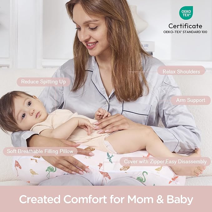 Little Grape Land Nursing Pillow, Breastfeeding Pillows, Baby Support Pillow for Nursing, Bottle Feeding, Tummy Time with Machine Washable Cover & Breathable Filling(Bird Parade)