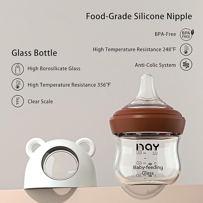 Natural Glass Baby Bottle for Breastfeeding Babies, 3oz Newborn Anti-Colic Baby Bottle with Slow Flow Nipples (SS), Clear, Wide Neck, 2 Pack, 0 Months+