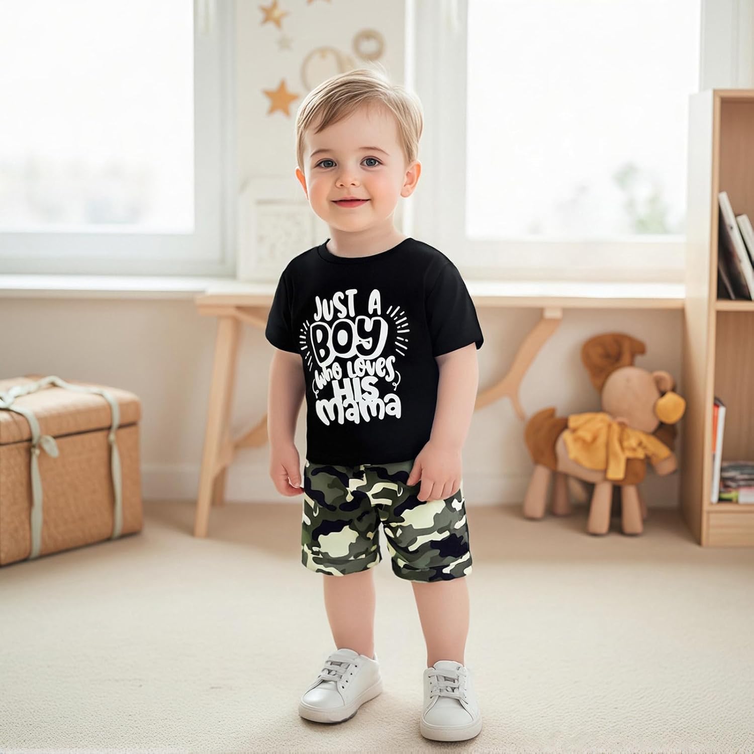wdehow Toddler Kids Baby Boy Summer Clothes Sets 1T 2T 3T 4T 5T Letter Print Short Sleeve Tops Camouflage Shorts Outfits