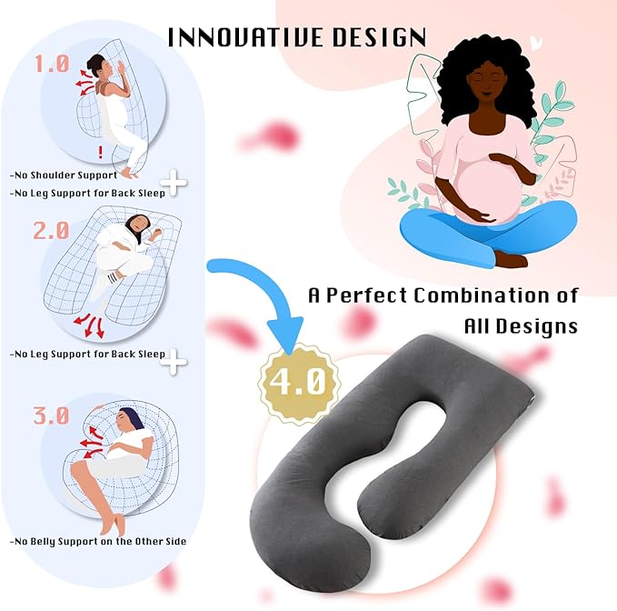 Pregnancy Pillow, Full Body 57 Inch Maternity Pillow with Removable Washable Cover - Sleep Support for Legs, Back, Neck, Shoulder, HIPS, Belly for Pregnent Women, Black Grey Velvet Cover