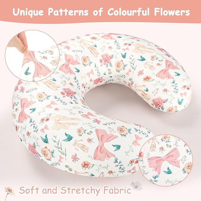 GFU Nursing Pillow Cover for Boys and Girls, Breastfeeding Pillow Case for Newborn, Soft Baby Breastfeeding Pillow Slipcover Colourful Bow & Flowers, Stretchy Feeding Cover (Cover Only)