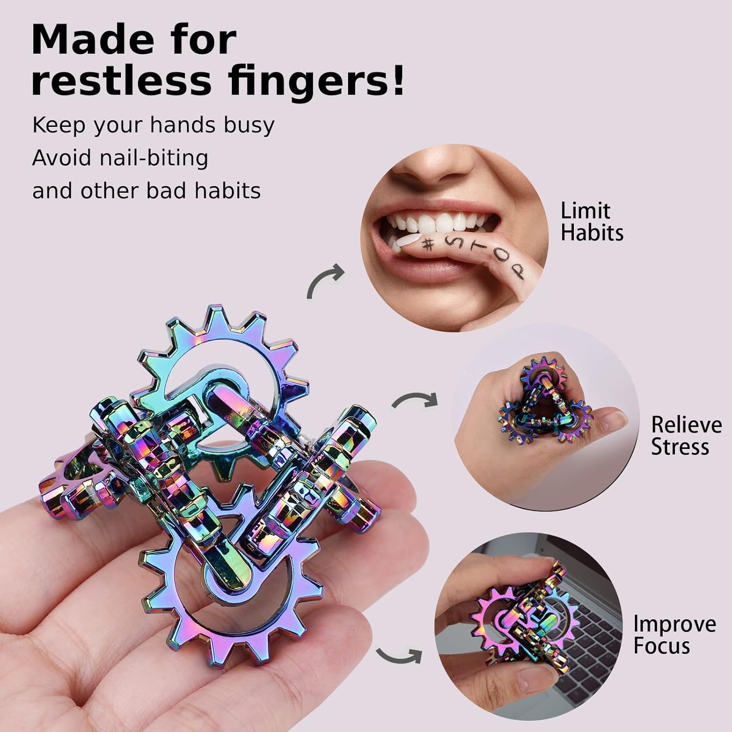 Infinity Gear Fidget Toy, Solid Metal Never Ending Flippy Novelty Kinetic Desk Toy, Relieve Stress, Anxiety, Promotes Focus, Keep Fingers/Hands Busy, Avoid Bad Habits (Rainbow)