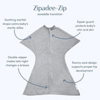 SleepingBaby Zipadee-Zip Transition Swaddle - Cozy Baby Swaddling Blanket with Zipper Convenience - Roomy Wearable Blanket for Easy Diaper Changes - 12-24 Month - Hall of Fame Grey Heather