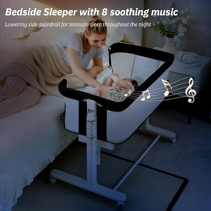Electric Bassinet for Baby, 3 Speeds Automatic Rocking Bassinets with All mesh, 5 Height Adjustment Bedside Crib for Nweborn, 8 Music, Wheels, Black