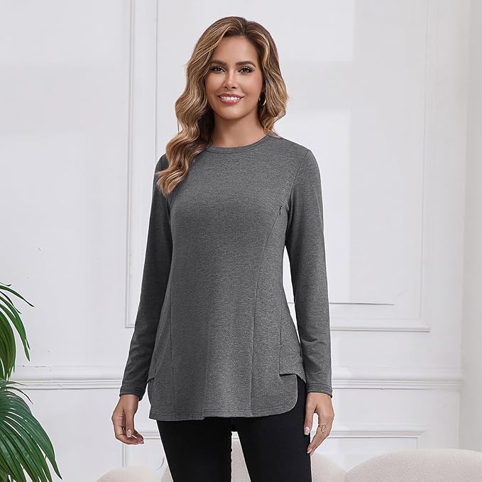 GINKANA Women's Nursing Shirts Long Sleeve 3 Packs Hidden Zipper Breastfeeding Pumping Tops Side Split Maternity Clothes