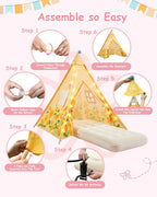 6 Pack Teepee Tent for Kids with Inflatable Airbed, Light, Toddler Tent Children Room Tents, Slumber Party Sleepover Tents, Indoor Outdoor Kids Playtent Playhouse for Girls & Boys