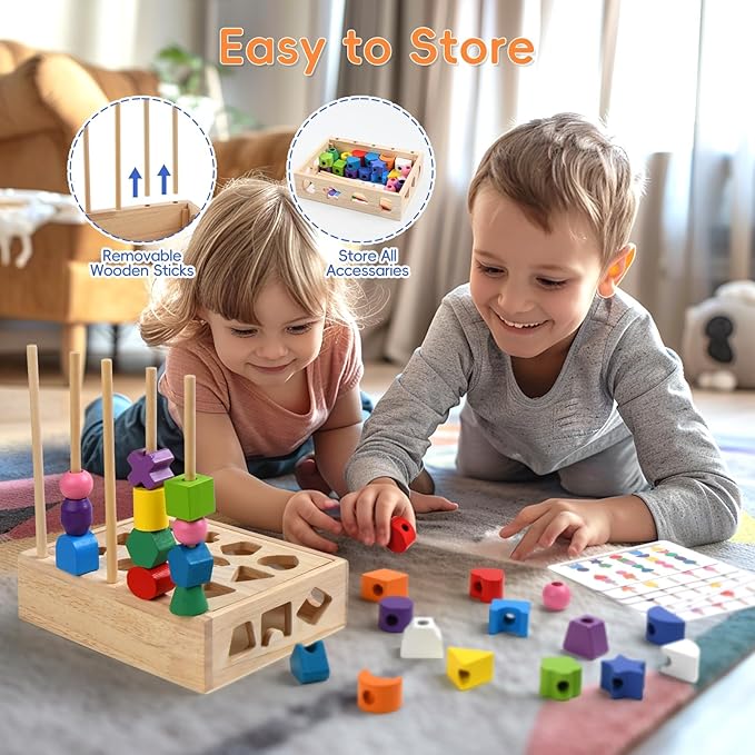 3 in 1 Wooden Color Sorting Stacking Toys, Montessori Toys Geometric Shape Sorter Matching Lacing Beads Sequencing Toy Set Preschool Learning Fine Motor Skills for Toddlers 3 4 5 Years