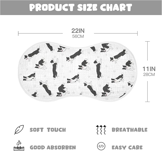 2 Pack Muslin Burp Cloths Collie Dog Paw White Cotton Baby Burp Cloths Ultra Absorbent and Soft Spit Up Rags for Newborn Boys Girls 22x11 Inch