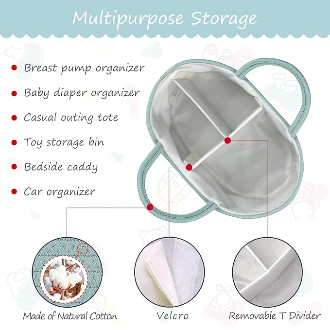 COMSE Large Baby Diaper Caddy Organizer for Girl Boy, Car Caddy with Handles, Cotton Rope Basket for Changing Table, Nursery Organizer, Gift for Baby Shower and Registry Must Have, Light Green