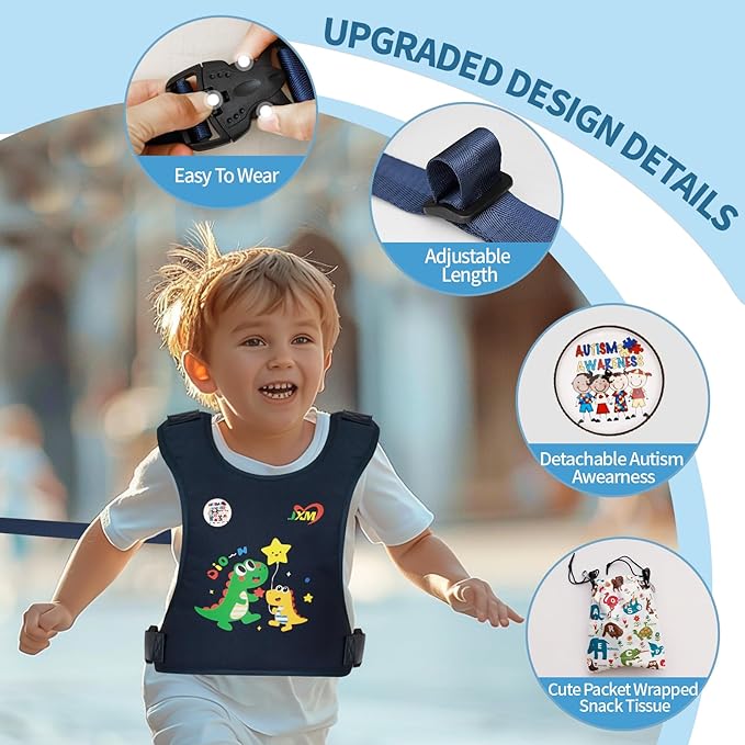 JXM Safety Harness for Active Childs with Quick Grab Handle, Teens Youth Secure Walking Harness with Autism Awareness and Pouch, Adjustable Tether Leash for Autism ADHD Special Needs Child Kids