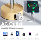 Wood Grain Bedside Table Lamps Set of 2-3 Color Temperatures Pull Chain Lamp with AC Outlet Charging Port, Round Night Stand Lamps for Bedroom Office, Small Bed Light with E26 LED Bulbs