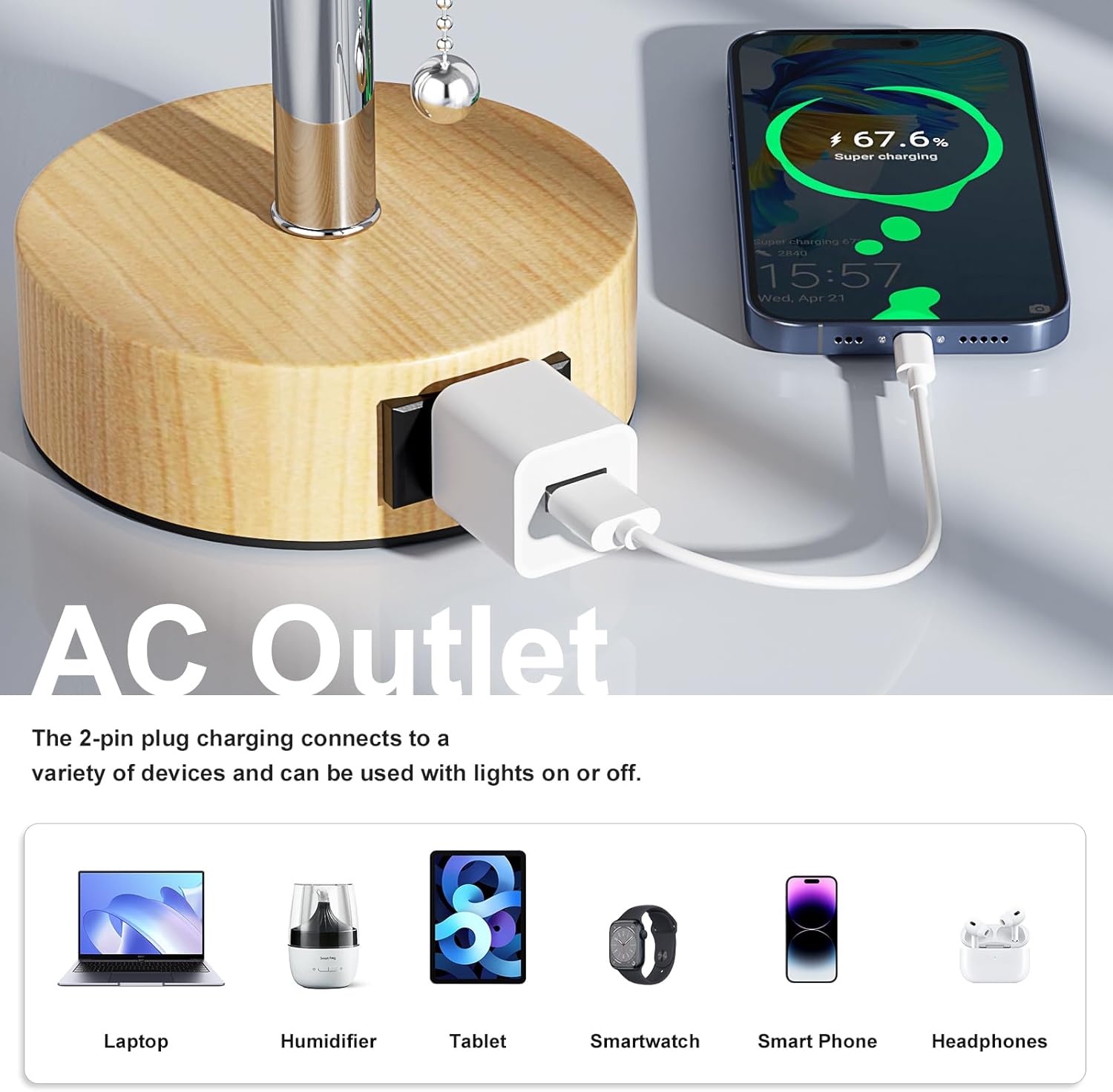 Wood Grain Bedside Table Lamps Set of 2-3 Color Temperatures Pull Chain Lamp with AC Outlet Charging Port, Round Night Stand Lamps for Bedroom Office, Small Bed Light with E26 LED Bulbs