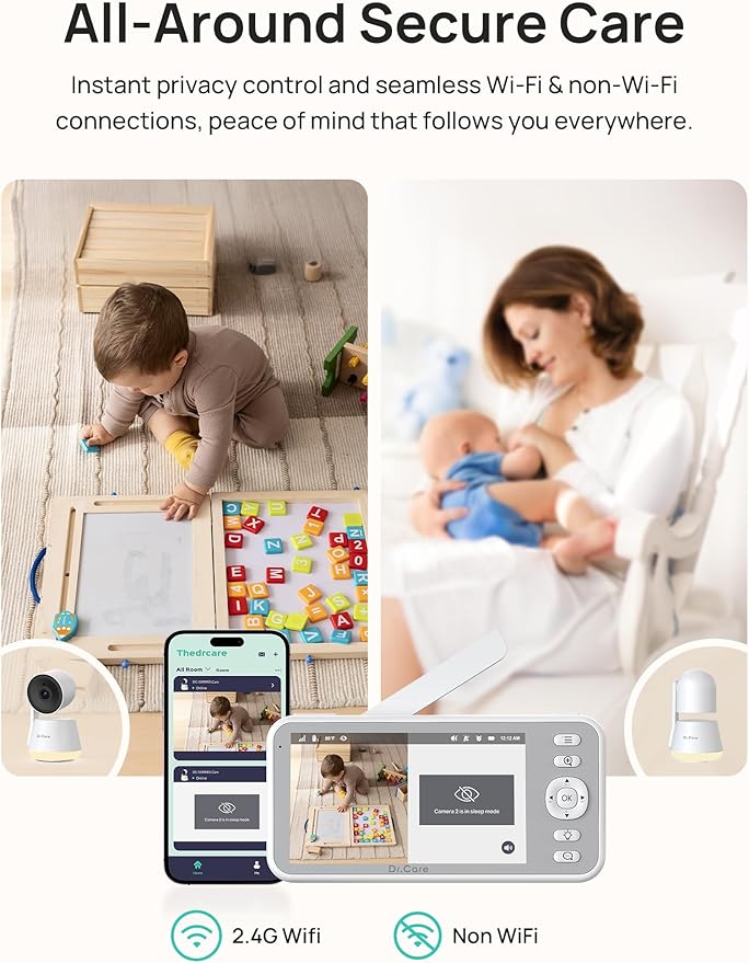 Dr.Care LumiView Smart WiFi Baby Monitor with 2 Cameras - 5" 1080P FHD & 2K Camera App Control, Privacy Mode, 5000mAh Removable Battery, Cry & Motion Alerts, HD Night Vision, Multi-User,1279ft Rang