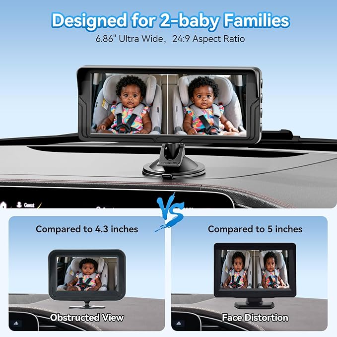 Dual Baby Car Camera for 2 Kids - 6.86 Inch IPS AHD 1080P Split Screen Monitor with 2 Backseat Cameras, Cigarette Lighter & USB Powered, IR Night Vision, 360° Rotatable, Rear-Facing Mirror