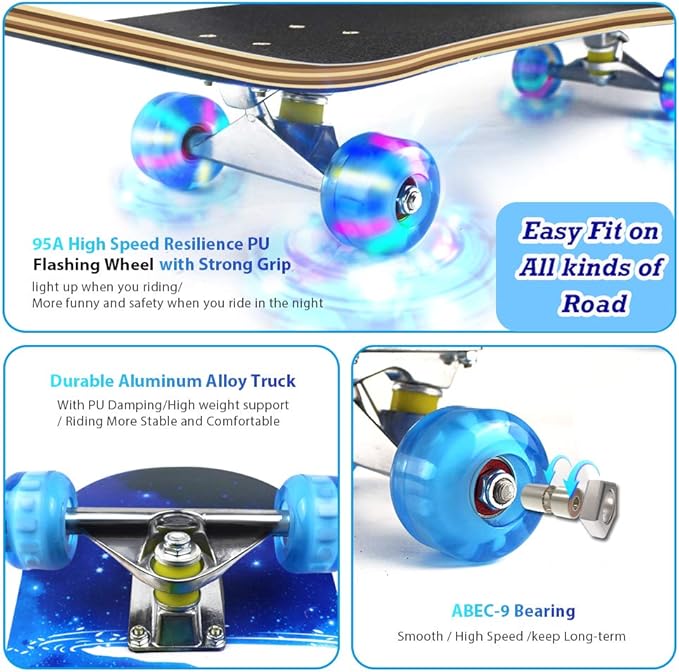 Easy_Way Complete Skateboards- Standard Skateboards for Beginners Kids Boys Girls Teenager- 31''x 8''Canadian Maple Cruiser Pro Skate Board, Skateboards