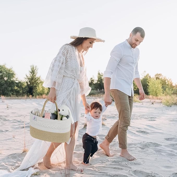 KiddyCare Woven Diaper Caddy Organizer, Large Gray Multi Functional Portable Baby Basket with Handle, Baby Gift for Boy/Girl Nursery Storage, Organization, and Modern Car Diaper Caddy Natural X-Large