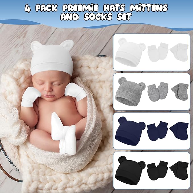 Cuffbow 4 Pcs Preemie Hats Mittens and Socks Set Preemie Mittens Warm Terry Socks for Baby