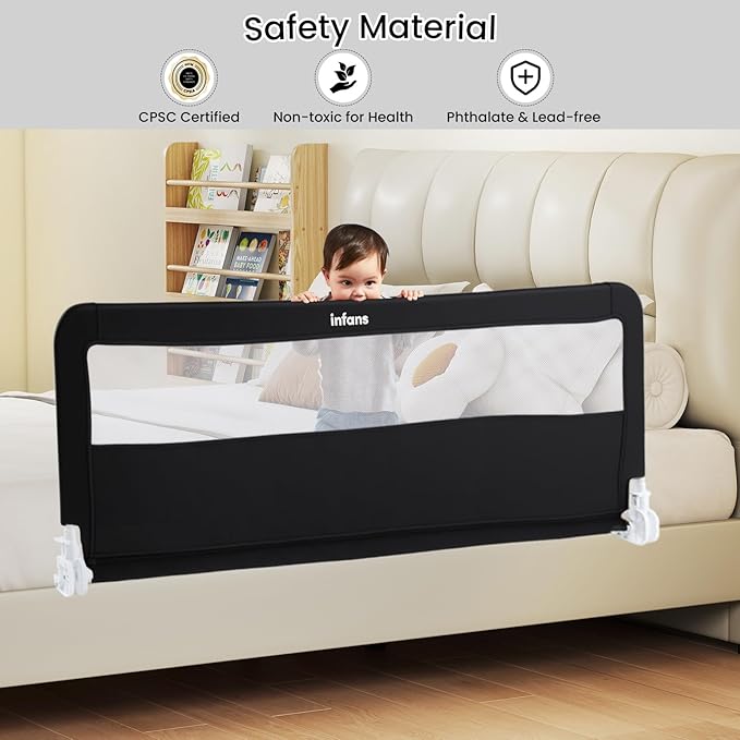 INFANS Bed Rail for Toddlers, 59" Foldable Safety Baby Crib Rail Fit for Kids Twin, Extra Long Swing Down Bed Guardrail for Convertible Crib, Queen, Full, King Mattress Side Guard (Black)