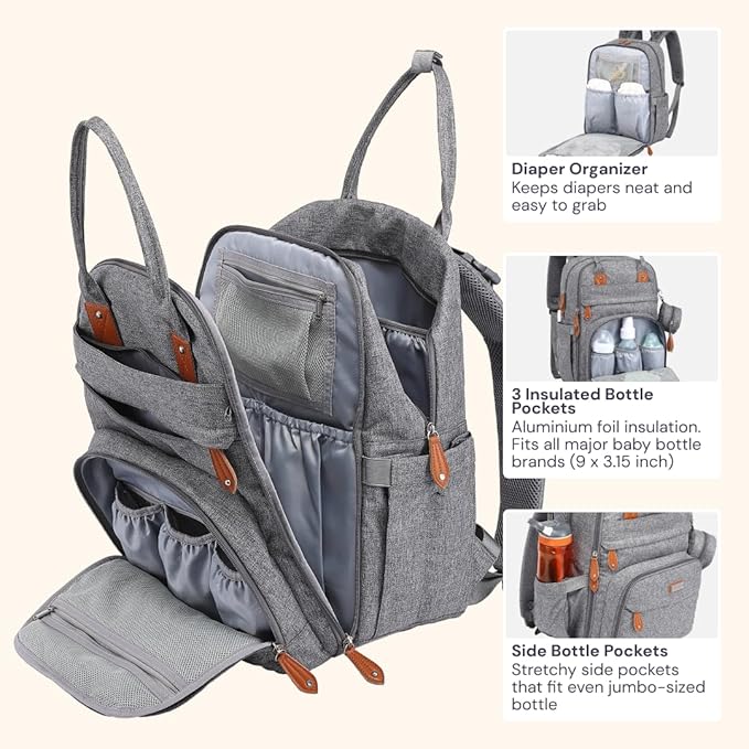 BabbleRoo Diaper Bag Backpack - Baby Essentials Travel Tote - Multi Function Waterproof Diaper Bag, Travel Essentials Baby Bag with Changing Pad, Stroller Straps & Pacifier Case - Unisex, Light Gray