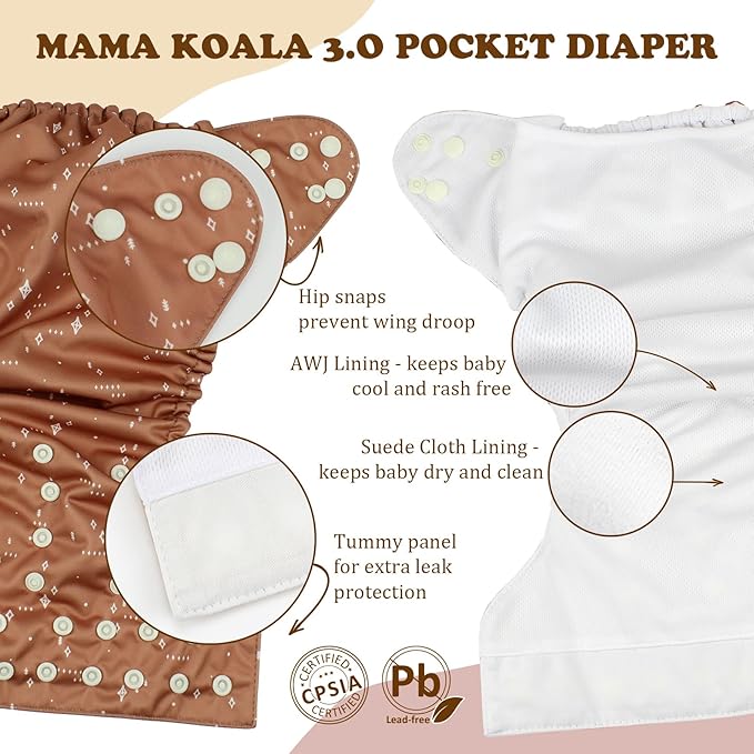 Mama Koala 3.0 Cloth Diapers for Babies, 6 Pack One Size Washable and Reusable Pocket Diapers for Newborns and Toddlers (Purple One)