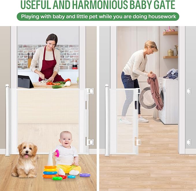 Retractable Baby Gate, Extra Wide Safety Kids or Pets Gate, 33” Tall, Extends to 55” Wide, Mesh Safety Dog Gate for Stairs, Indoor, Outdoor, Doorways, Hallways