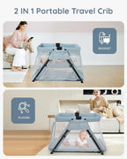 Lilian&Gema 2-in-1 Travel Crib, Portable Crib with Backpack, Lightweight Baby Travel Playpen, Foldable Play Yard with Thick Mattress for Babies & Toddlers, Baby Travel Essential
