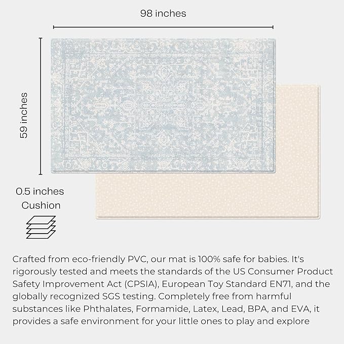 Baby Care Soft Rug (Prestige, Ikat - Inca Blue) 98'' x 59'' Original One-Piece Reversible Rollable Waterproof Play Mat for Infants, Babies, Toddler, and Kids