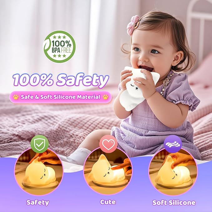 Night Light for Kids,16 Colors Cat Lamp Cute Lamp,Dimmable Baby Night Lights for Nursery,Silicone Rechargeable Nightlight for Kids Room,Kawaii Room Decor,Cat Gifts for Girls Gift for 3-6 Year Old Girl