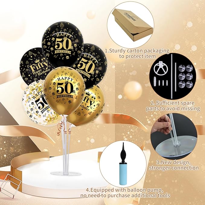 TONIFUL 4 Set Black Gold Balloon Stand Kit for Birthday Decorations for 50th,Balloon Centerpieces for Table Party Decorations Cheers to 50 Years Old Birthday for Men and Women