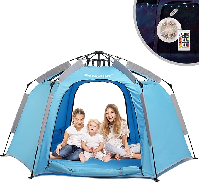Portable Hexagon Kids Play Tent with LED Strip Lights Indoor Children Play House Easy Set-up Space Tent Dream Tent for Night.4-5 Person Birthday Gifts