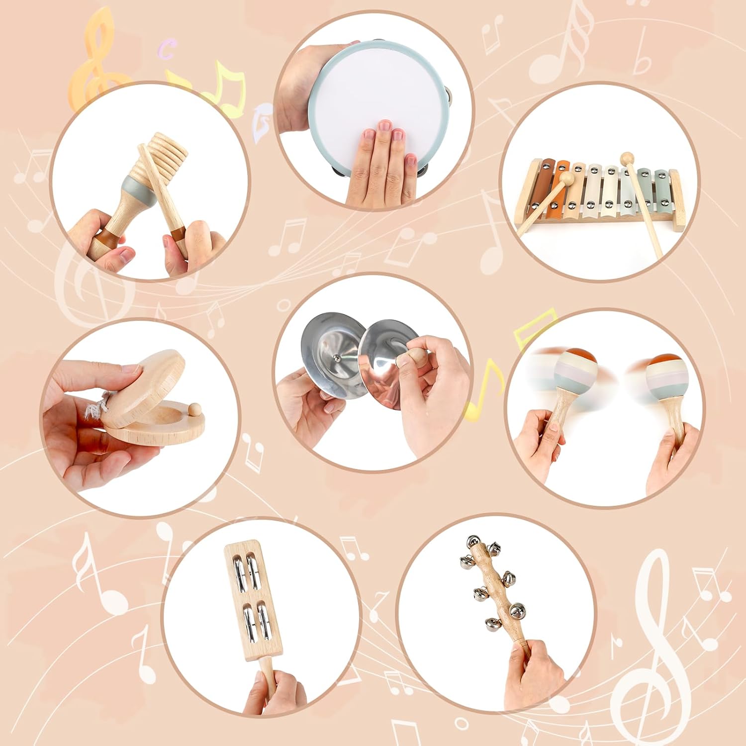 Toddler Musical Instruments, Joyreal Baby Musical Instruments Montessori Wooden Toys for Toddlers 3, Neutral Colors Percussion Instruments Set, Aesthetic Modern Boho Xylophone for Kids Playroom Gifts