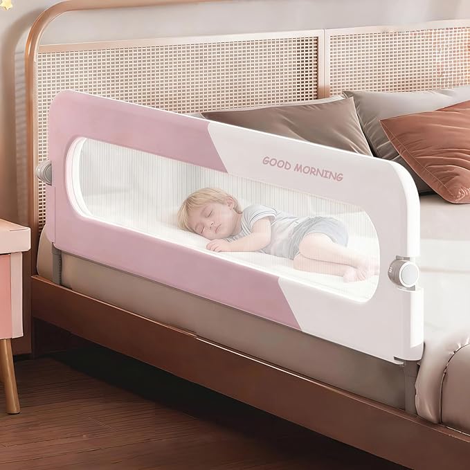 U Type Toddler Bed Rail Guard, Foldable Bed Rails for Toddlers, Adjustable, Safety, Convenient, Guard Rail with Twin, Full, Queen& King Size (Pink Patchwork, 71inch)