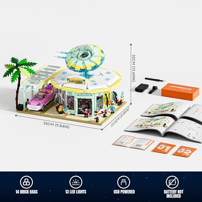 Interstellar-Diner Lighting-Building-Bricks City Set - 2188 Pcs Road UFO Drive-in Restaurant Modular Collection LED Light Space Car Restaurant Set for Adults and Travelling Enthusiasts