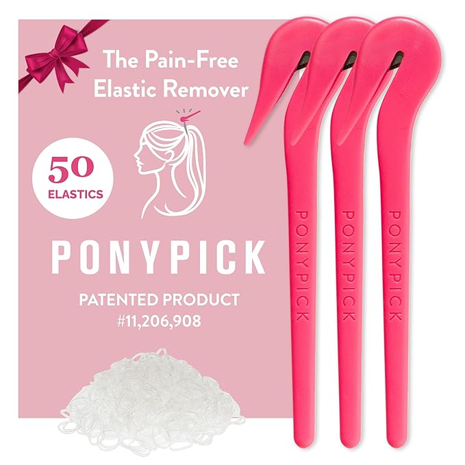 THE PONY PICK Hair Elastic Rubber Bands Cutter Tool Easy To Use, Pain Free, No Hair Damage Ponytail Cutter Tool for Kids & Toddlers (3 Picks & 50 Clear Hair Elastics)