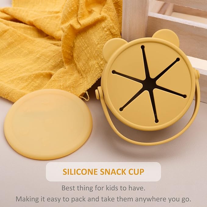 Snack Cups for Toddlers, Baby Snack Containers, Silicone Toddler Snack Cups No Spill, Food Catcher with Lid & Bucket-like Handle, BPA Free & Dishwasher Safe, 9 Ounce Mustard