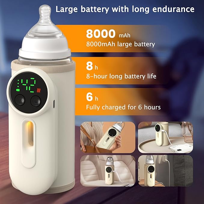 Portable Bottle Warmer for Baby,Baby Milk Warmer Multi-Function Milk & Formula Heater Even Heating,Defrosting Fits Most Bottles Ideal for Travel & Home Baby Feeding On The Go,8000 mAh Battery