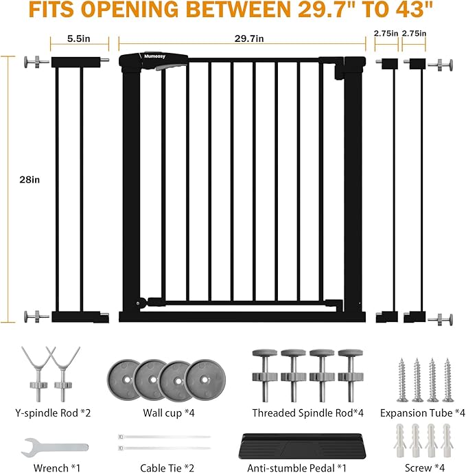 Baby Gate for Stairs, 29.7-43" Auto Close Dog Gate for Doorways & Hallways, Pressure Mounted Pet Gate with Walk Thru Door, Easy Install Safety Gate for Children & Pets, No Drilling, Dual-Lock Design
