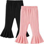 2 Pack Toddler Baby Girl Pants Flare Leggings Ribbed Knit Newborn Bell Bottoms Solid Ruffle Infant Pants for Girls