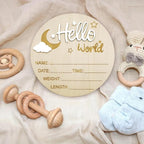 Baby Announcement Sign, 5.9 Inch Wooden Hello World Newborn Signs, Birth Announcement Sign and Pen, Moon and White Cloud Decoration, Welcome Newborn Arrival to World, Hospital Nursery for baby (White)