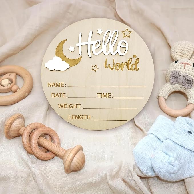 Baby Announcement Sign, 5.9 Inch Wooden Hello World Newborn Signs, Birth Announcement Sign and Pen, Moon and White Cloud Decoration, Welcome Newborn Arrival to World, Hospital Nursery for baby (White)