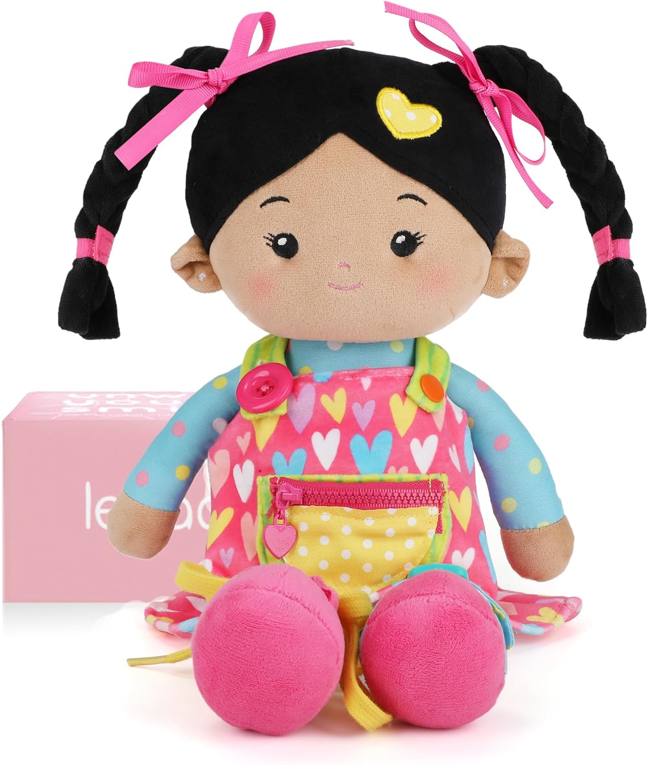 Soft Bady Educational Soft Baby Doll(16''), Learning Sensory Doll for Toddlers, Montessori Toys for 2-Year-Old Girls Christmas, Birthday Gifts, Plush Doll with Button-Busy Sweetheart Tanned