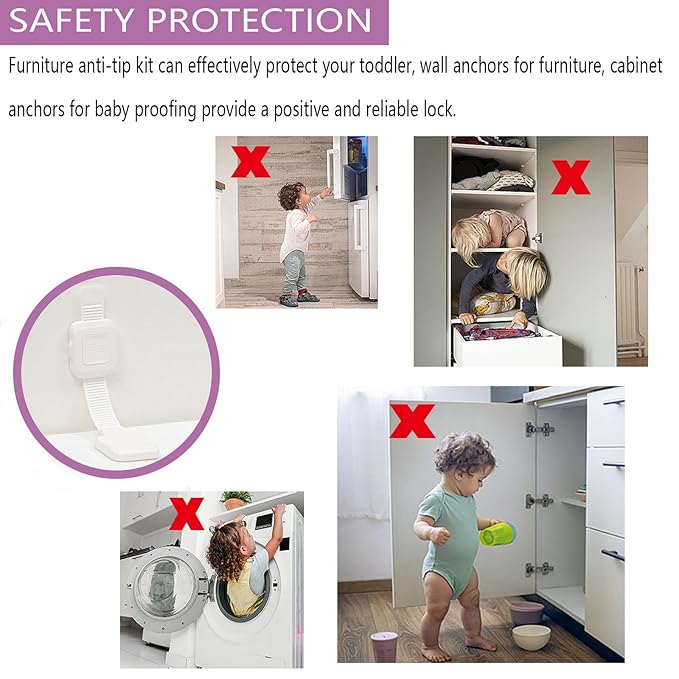 Upgraded No Drill Adhesive Furniture Anchor, Adjustable Anti Tip Furniture Wall Straps for Baby Proofing & Pets, Secure to Playroom, 2Pack