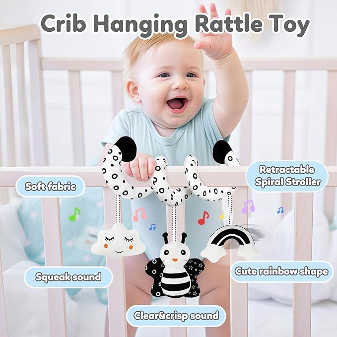 Car Seat Toy,Stroller Toys,Car Seat Toys for Babies 0-6 months Boy Girl,Spiral Hanging Stroller Black and White High Contrast Sensory Toy Newborn Plush Activity Toys Thank You Gifts for 0 3 6 9 Months