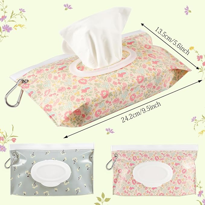 FEBSNOW 2 Pack Baby Wipes Dispenser, Portable Refillable Wipe Holder Baby Wipes Container Travel Wipes Case Reusable Wet Wipes Pouch (Floral)
